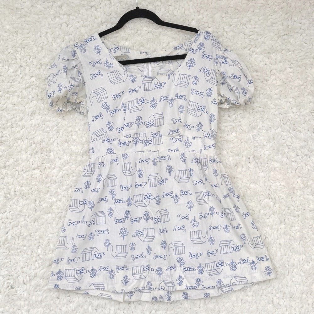 Vtg 70's Handmade Puppy Doghouse Puff Sleeve Baby Doll Retro Mini Dress No Tag